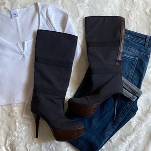 Vintage Authentic Marni Grey Fabric Platform Boots Mid Calf Tall